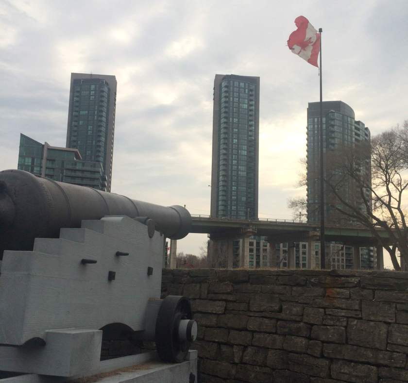 Cannon looking out on to condos at Fort York Toronto